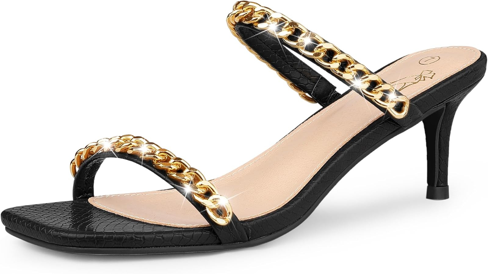 Perphy Snakeskin Print Square Toe Gold Chain Stiletto Heels Strappy Sandals for Women | Amazon (US)