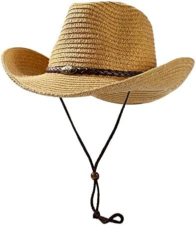 Women Straw Sun Hat Mens Cowboy Style Garden Hat UPF 50+ Wide Brim Summer Hat with Wind Lanyard | Amazon (US)
