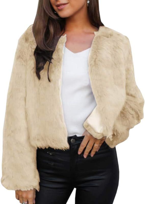 Jeanewpole1 Womens Faux Fur Jacket Open Front Shaggy Long Sleeve Casual Cardigan Outwear Coat | Amazon (US)