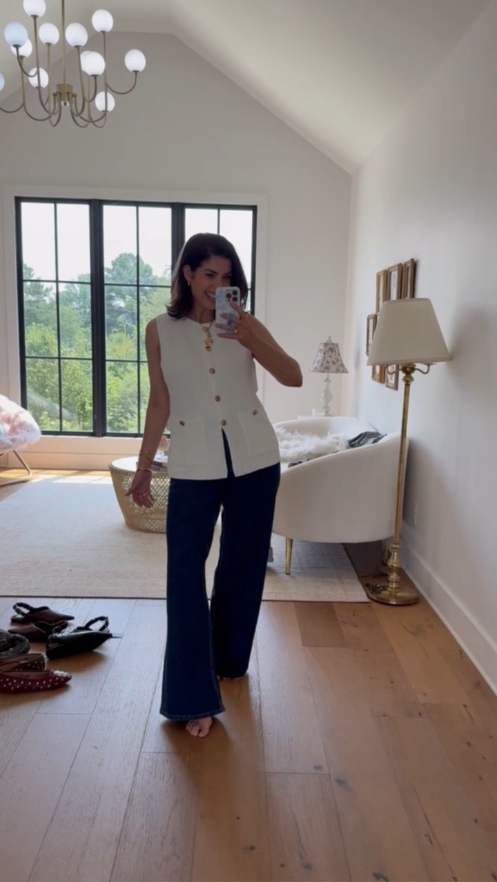 Obsessed with this sweater vest! Pair it with flare jeans like these, trousers, a skirt or even shorts for a late summer look!

#walmartfashion

Walmart fashion. Walmart style. Walmart pre fall style. Walmart fall workwear  

#LTKFindsUnder100 #LTKSeasonal #LTKWorkwear