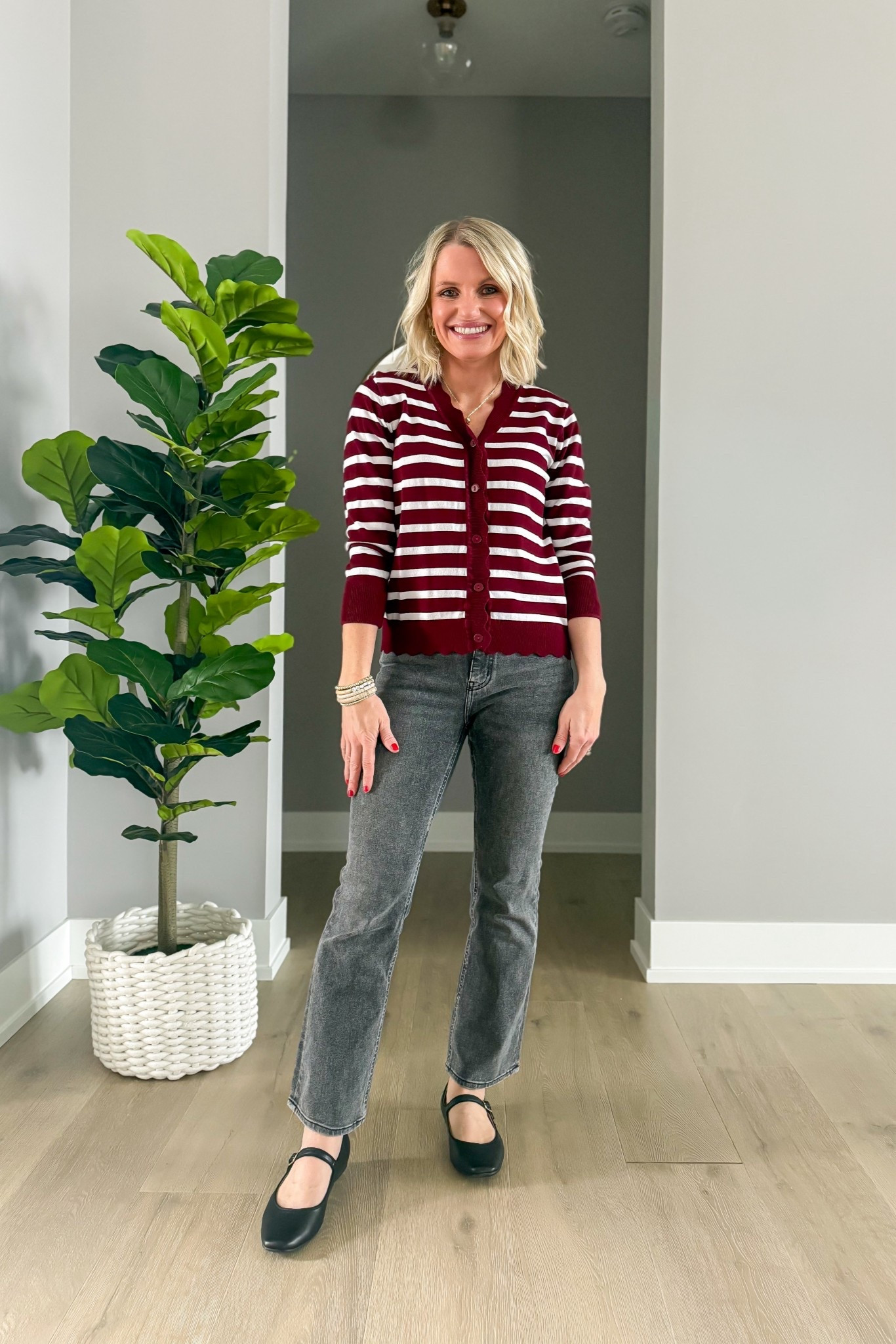 This striped burgundy cardigan is a great top to pair with gray jeans! 
Cardigan- small
Jeans- 25/26"

#LTKspring #LTKOver40 #LTKPetite