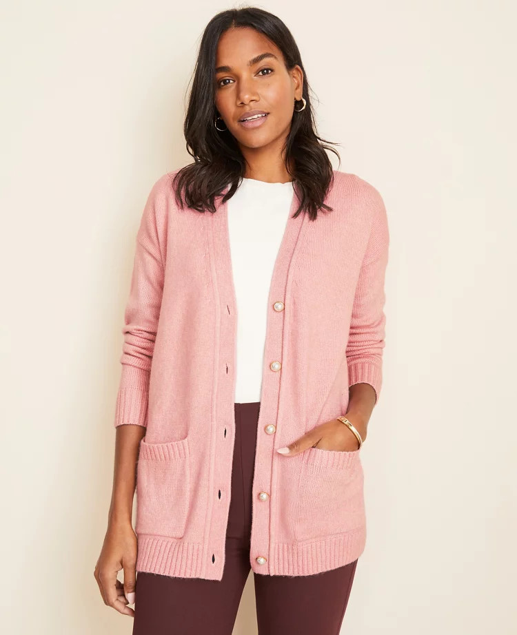 Pearlized Button Boyfriend Cardigan | Ann Taylor | Ann Taylor (US)