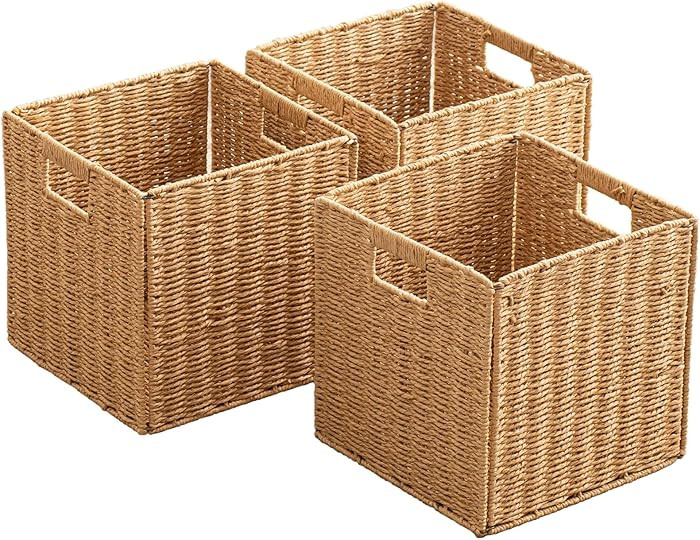 Foldable Storage Baskets with Handles Paper Rope Storage Baskets Rectangle Collapsible Hand Woven... | Amazon (US)