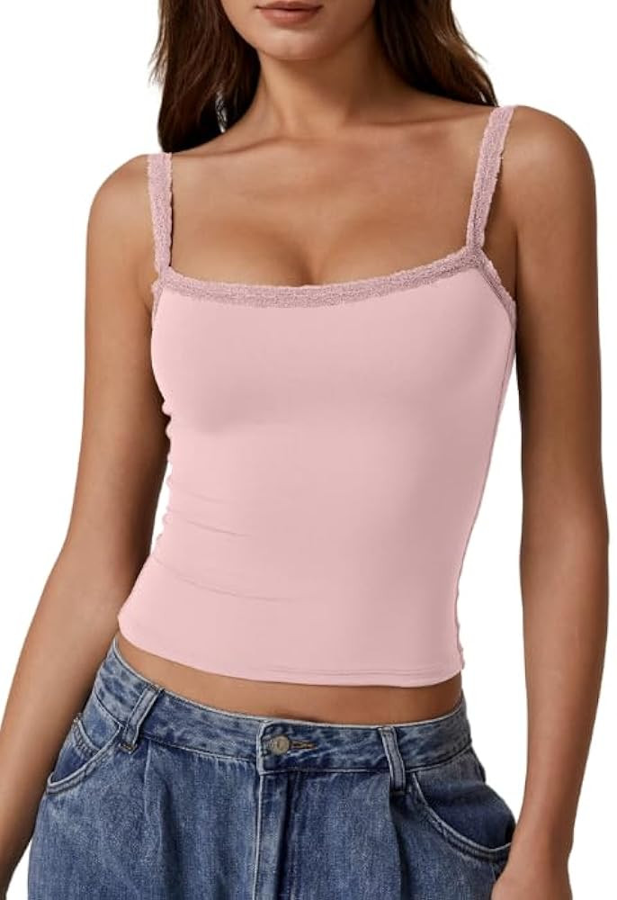 QINSEN Womens Square Neck Lace Trim Tank Top Double Lined Slim Fitted Y2k Going Out Camisole Shir... | Amazon (US)