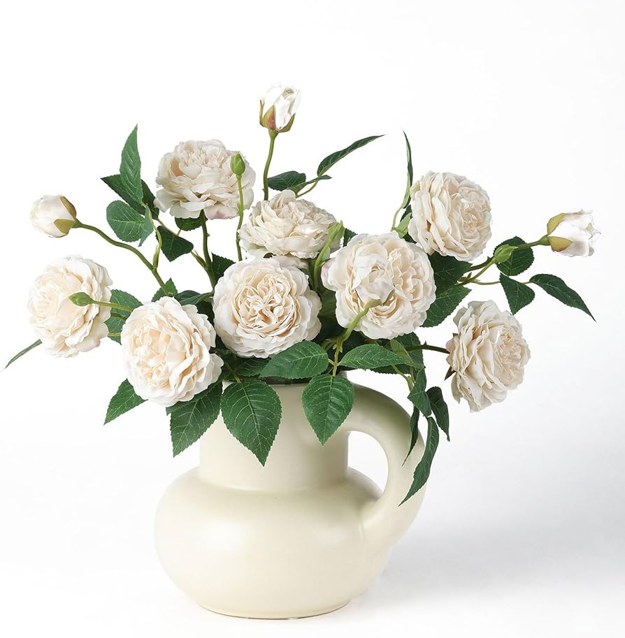 mizii 4Pcs Beige Artificial Roses Flowers Fake Silk Rose Flower with Leaves Stems Realistic Faux ... | Amazon (US)