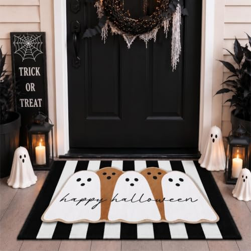 Tinideya 2 Pcs Halloween Door Mats Outdoor Ghost Front Door Mat Layered Non Slip Black and White Striped Rug Rubber Linen Cute Spooky Entrance Mat Happy Halloween Decor for Front Porch Outside Decor | Amazon (US)