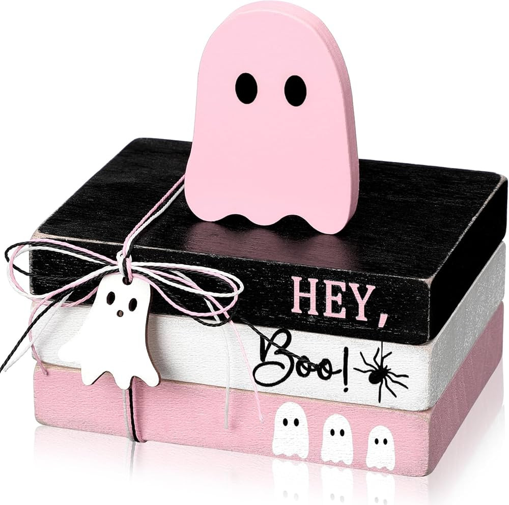 4 Pcs Halloween Wooden Pink Ghost Tiered Tray Decor Decorative Mini Book Stack with Ghost Ornamen... | Amazon (US)