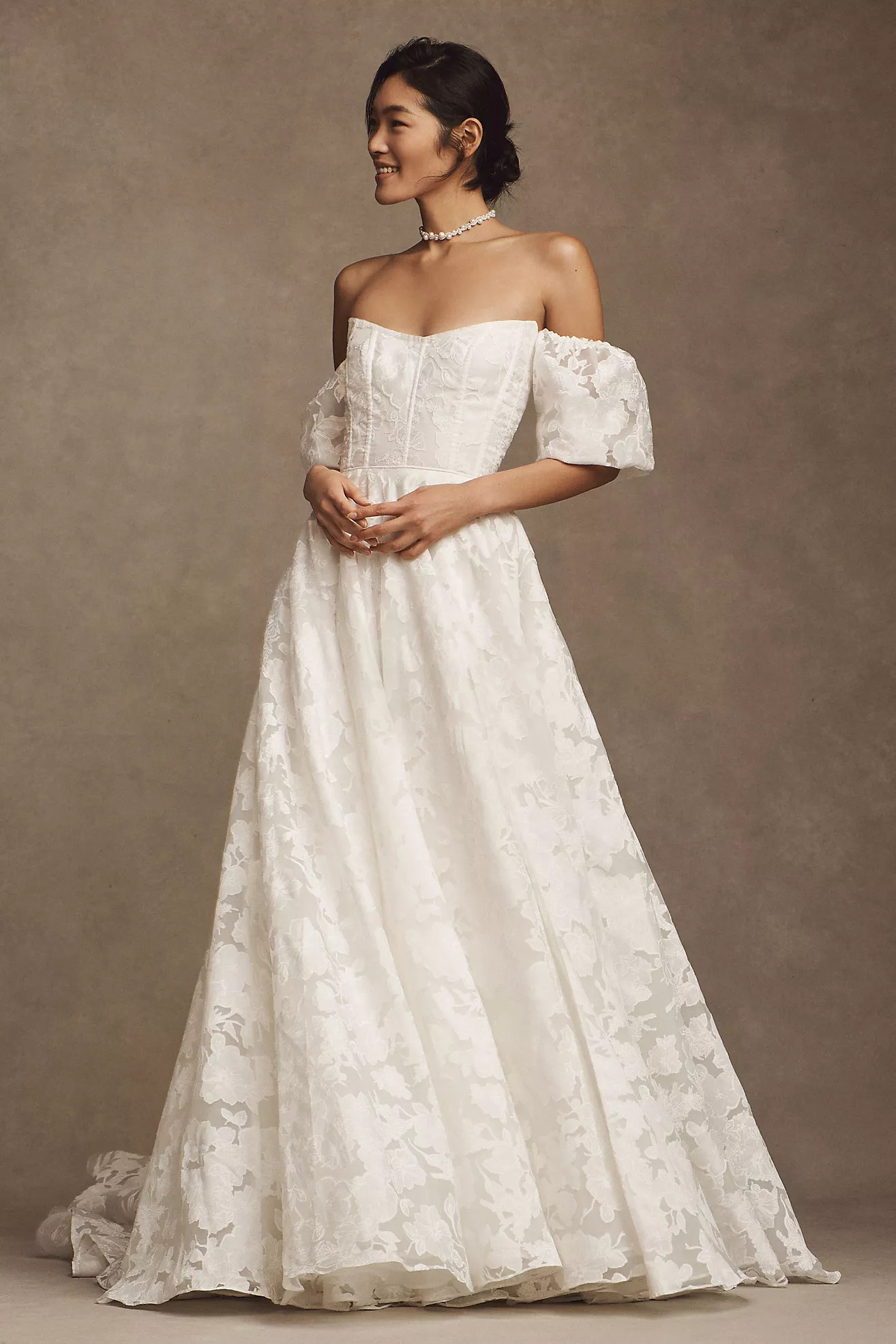 Jenny by Jenny Yoo Holden Off-The-Shoulder Corset Floral Lace Ball-Skirt Wedding Gown | Anthropologie (US)