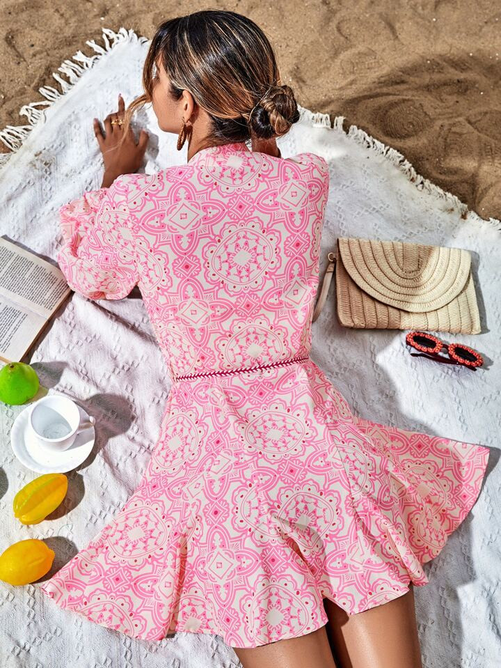 Aveloria Rosie Random Allover Print Belted Shirt Dress Vacation Outfits Woman | SHEIN