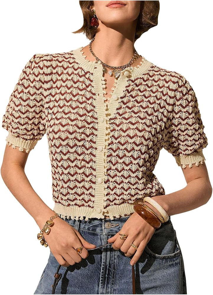 MakeMeChic Women's Striped Short Sleeve Cardigan Sweaters Button Down Cropped Cardigan | Amazon (US)