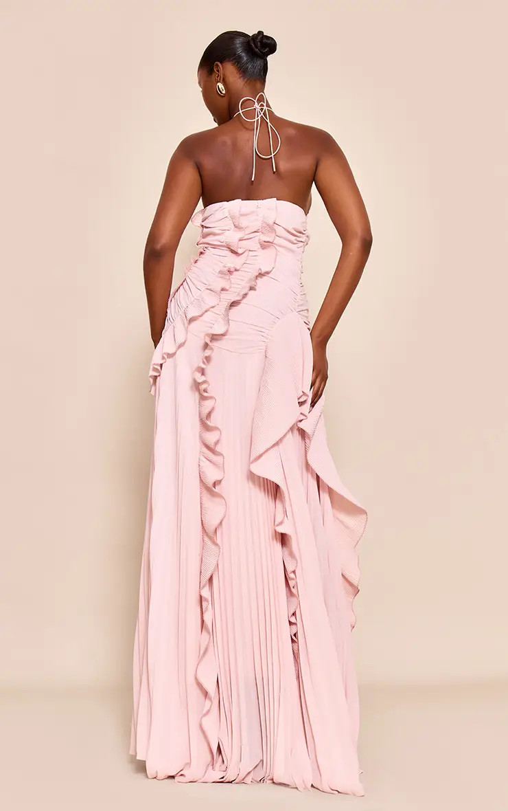 Blush Pleated Frill Halterneck Maxi Dress | PrettyLittleThing UK