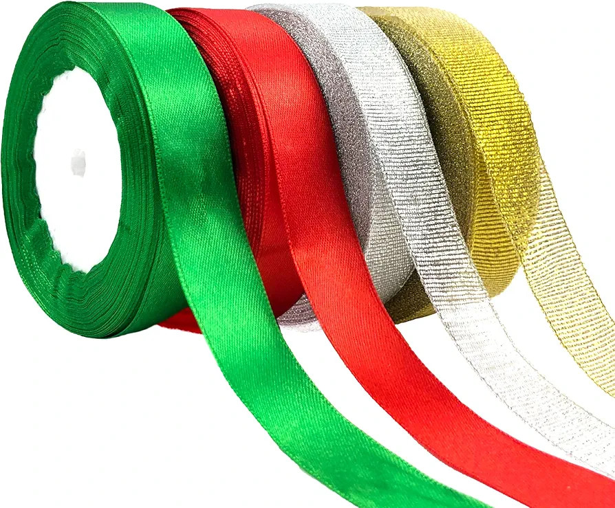 Amazon.com: 4 Rolls 100 Yards Christmas Wrapping Ribbon Glitter Fabric Holiday Festival Satin Rib... | Amazon (US)