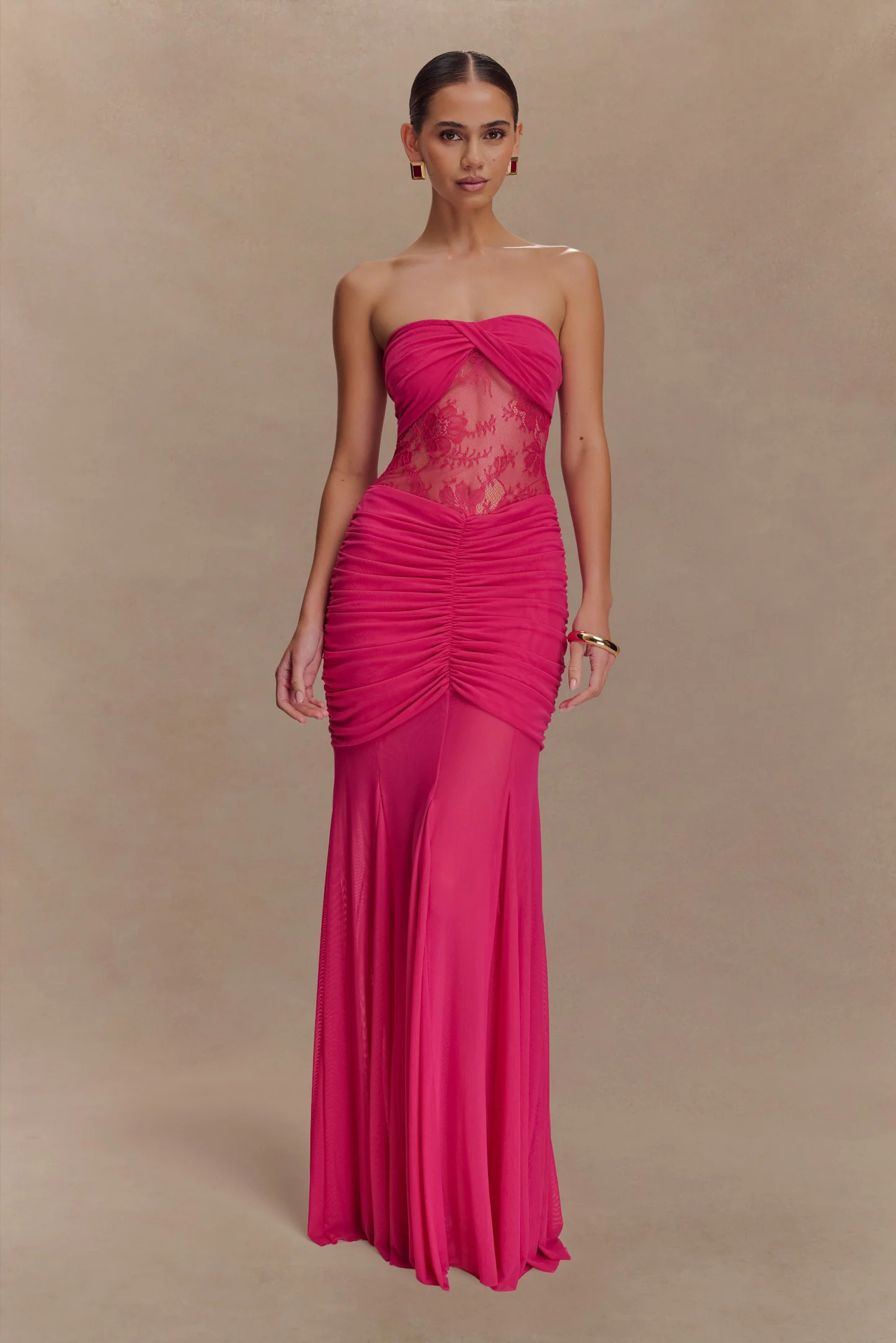 Lace And Mesh Maxi Dress - Dragonfruit | MESHKI US