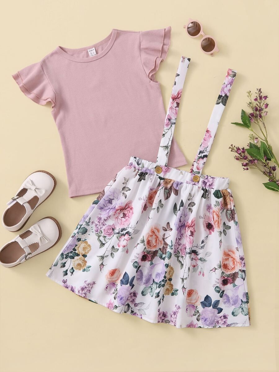 SHEIN Girls Layered Flutter Sleeve Tee and Floral Pinafore Skirt Set | SHEIN