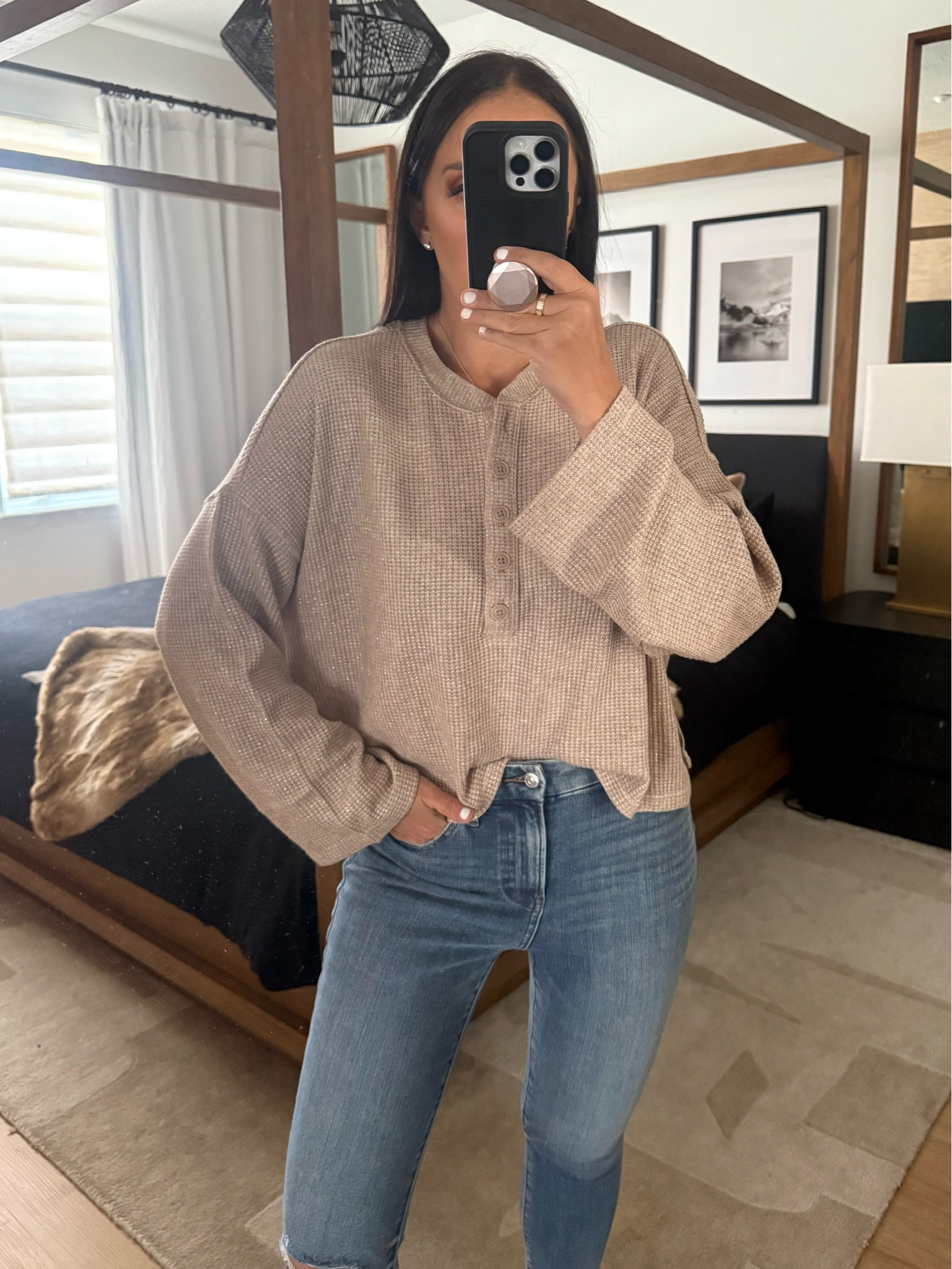 Glitter Waffle Long Sleeve Cropped Henley Tee now $19 originally $48. Mid Rise Dark Wash Ripped Hem Skinny - wearing size 4. High Waisted Light Wash FlexX Ripped Skinny Jeans wearing size small. 