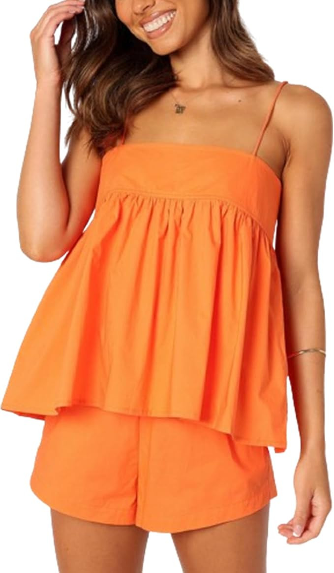 Women Boho 2 Piece Shorts Set Scalloped Trim Peplum Cami Top and Wide Leg Shorts Summer Trendy Lo... | Amazon (US)