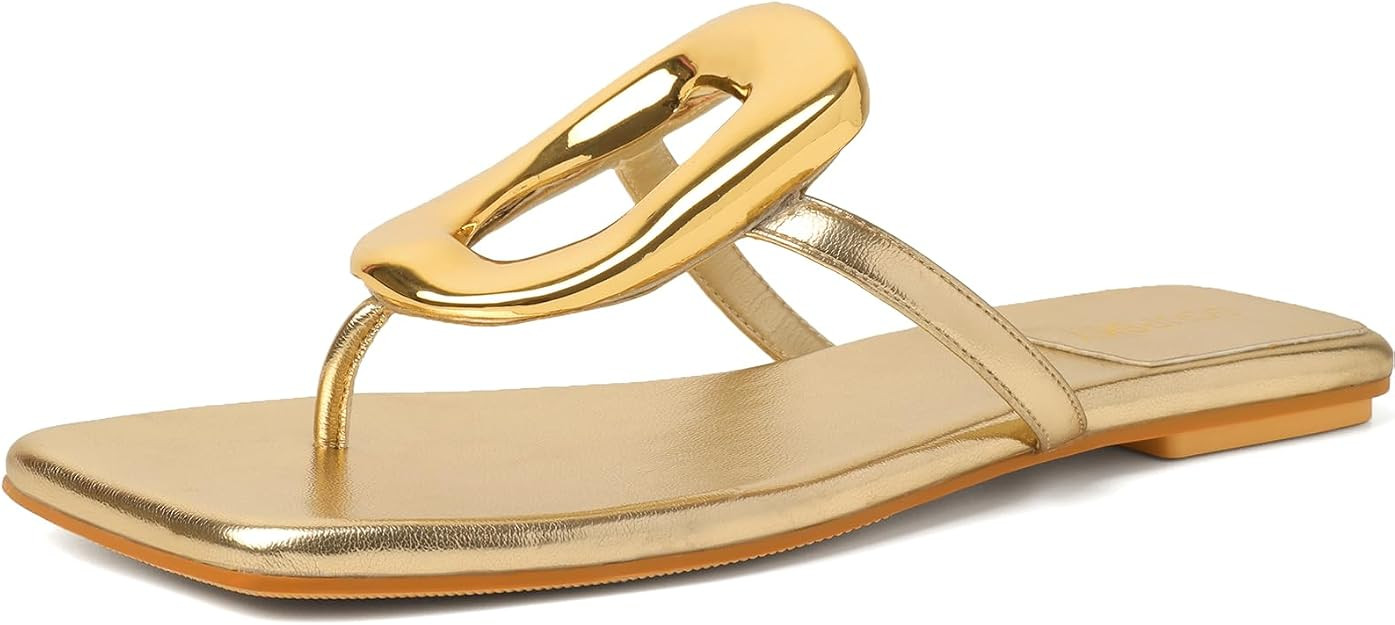 Women's Flip Flops Flat Sandals - Square Toe Slip On Summer Shoes Comfortable Thong Sandals With ... | Amazon (US)