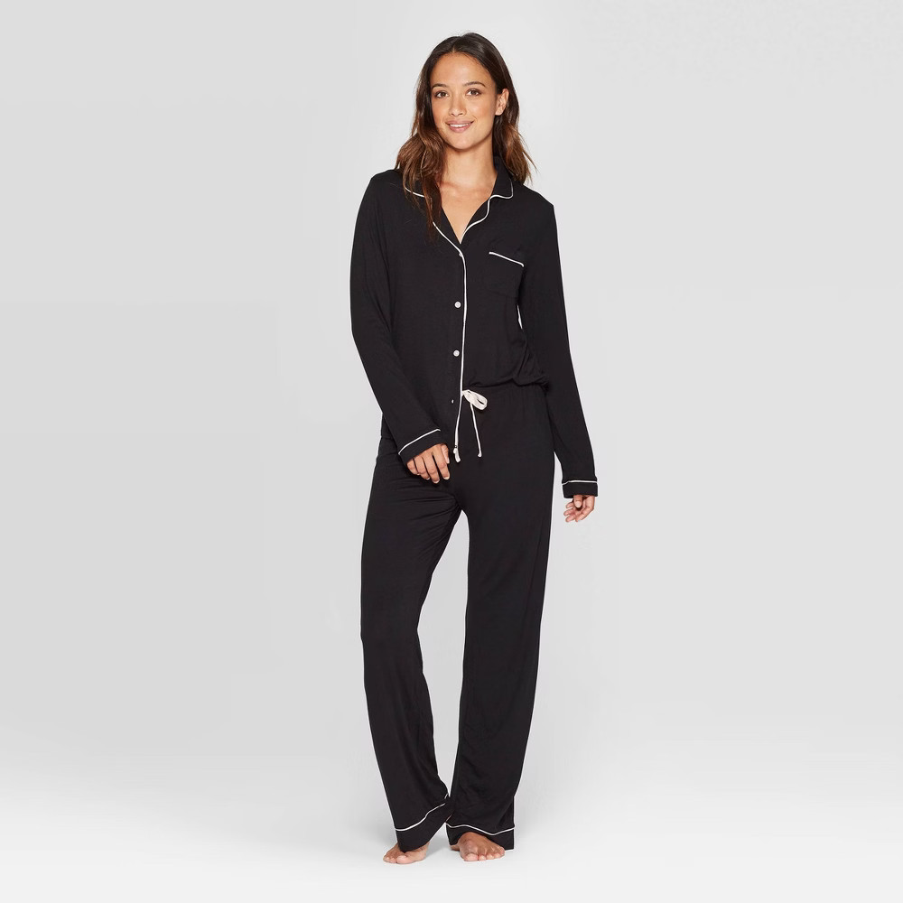 Women's Beautifully Soft Notch Collar Pant Pajama Set - Stars Above Black XS | Target