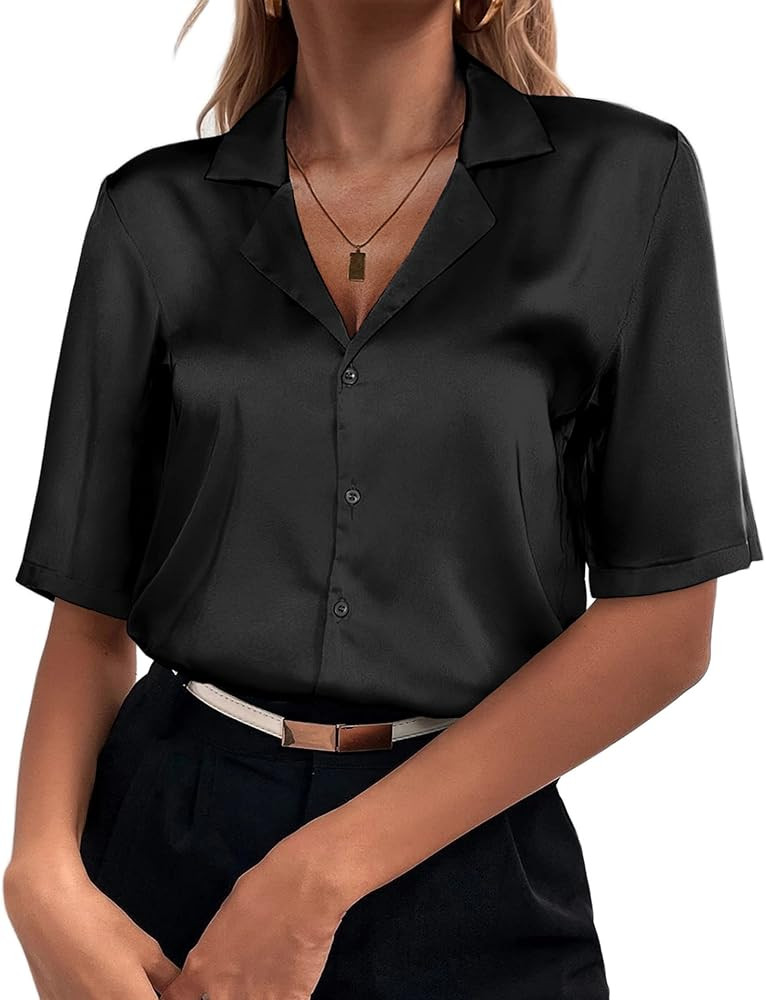 Chigant Women's Short Sleeve Satin Blouse Button Down Tops Casual Office Work Shirt S-XXL | Amazon (US)