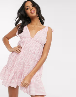 ASOS DESIGN bunny tie shoulder tired sunbeach dress in pink gingham print | ASOS (Global)
