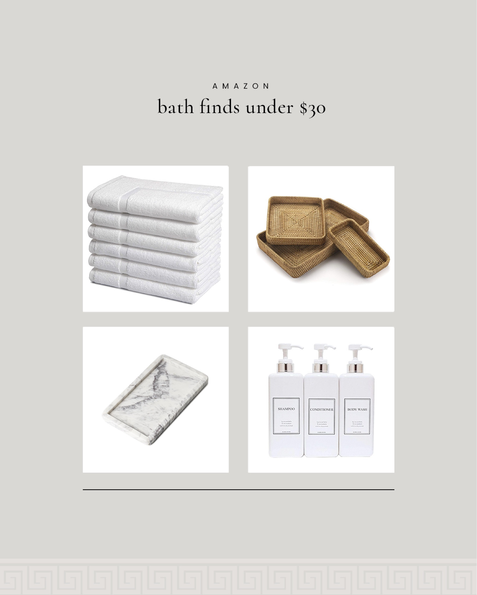 Bath finds from Amazon under $30! My go-to bath mats, woven trays, a marble vanity tray (or oversized soap dish to pair with a bath brush), and my shower dispensers. 

#LTKFindsUnder50 #LTKHome