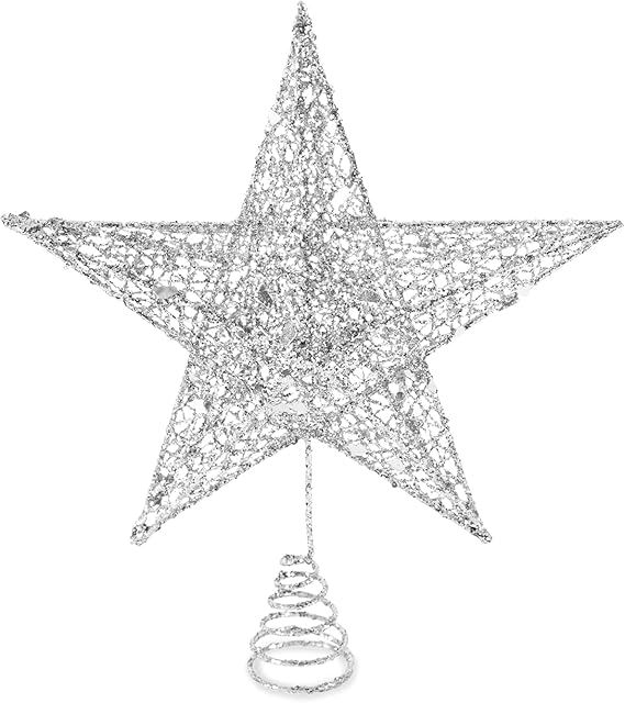 Christmas Star Tree Topper - 8 Inches Silver Glitter Christmas Tree Ornaments Metal Hollow Star f... | Amazon (US)