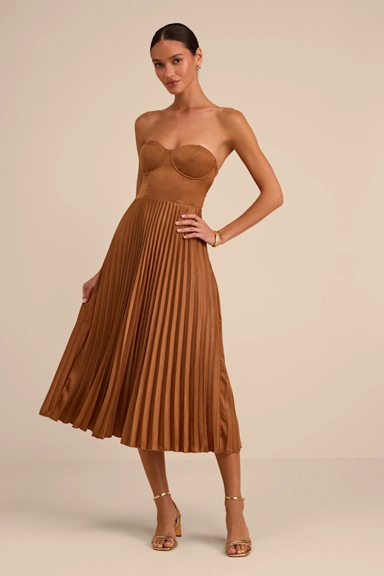 Irelyn Light Brown Satin Bustier Midi Dress | Lulus