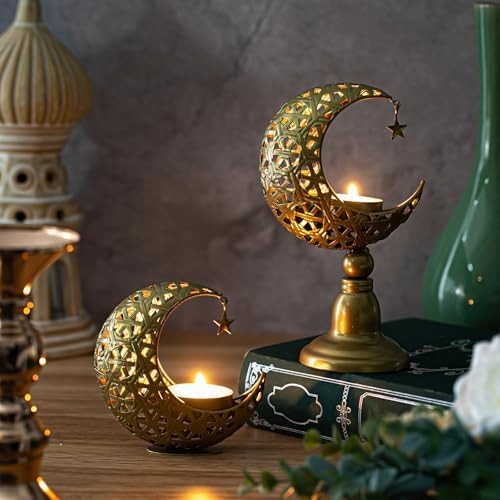 2 Pcs Ramadan Decorations for Home Golden Moon Shape Candle Holder Metal Candlestick Holder Eid M... | Amazon (US)