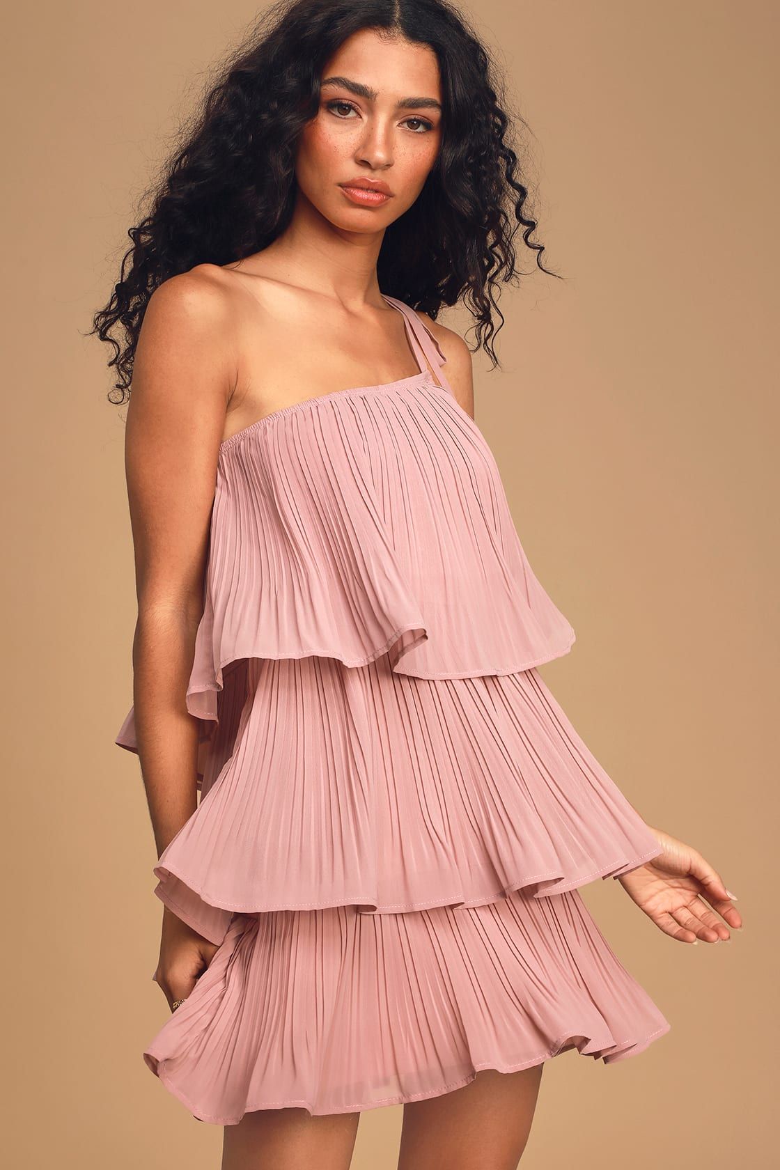 Blowing Kisses Dusty Pink Pleated One-Shoulder Mini Dress | Lulus (US)