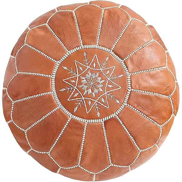 Handmade Morocco Moroccan Leather Pouf Ottoman - Tan Brown White Stitches - Hassock & Large Ottoman  | Amazon (US)