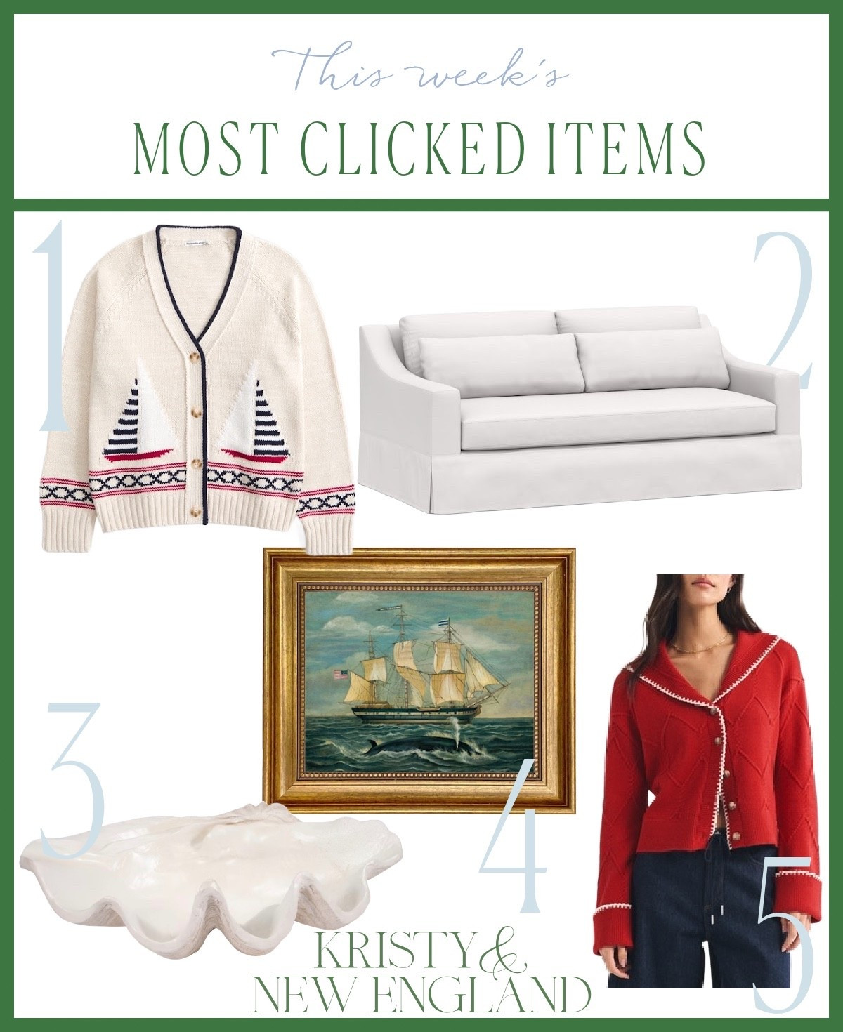 Most popular this week: nautical boat cardigan, our white slip covered sofas, clam shell decor, whale and ship art, and red sailor cardigann

#LTKSaleAlert #LTKHome #LTKOver40