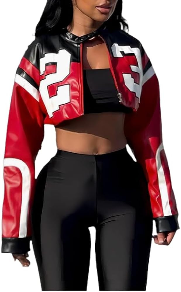 VOIKERDR Leather Jacket Cropped Jacket Motorcycle Jacket Y2K Letter Bomber Jacket Women Faux Leat... | Amazon (US)