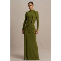 Melissa | Olive Long-Sleeve Wrap Maxi Dress With Ruched Detailing | Club L London