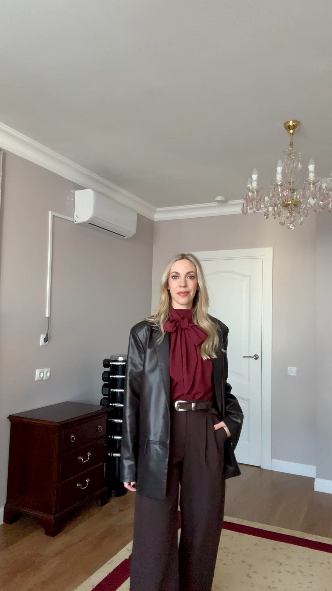 Workwear outfit, office look, dark brown faux leather blazer, burgundy blouse, bow blouse, Abercrombie brown trousers

#LTKOver40 #LTKFindsUnder100 #LTKWorkwear