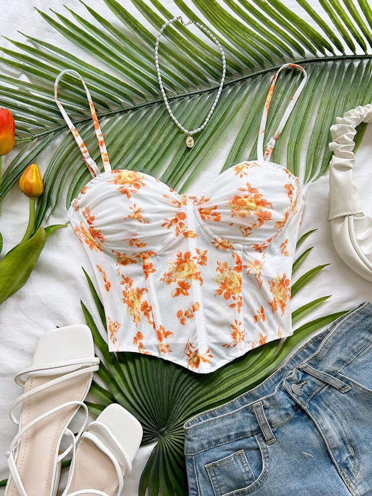 Soleia Camiseta de malla con estampado floral vintage romántico para mujeres, adecuada para vaca... | SHEIN