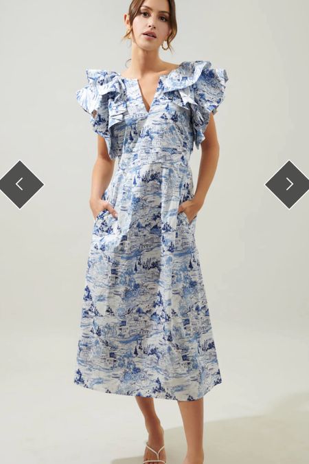 Blue toile ruffle midi dress, grandmillennial dress, spring dress for women 

#LTKover40 #LTKSeasonal