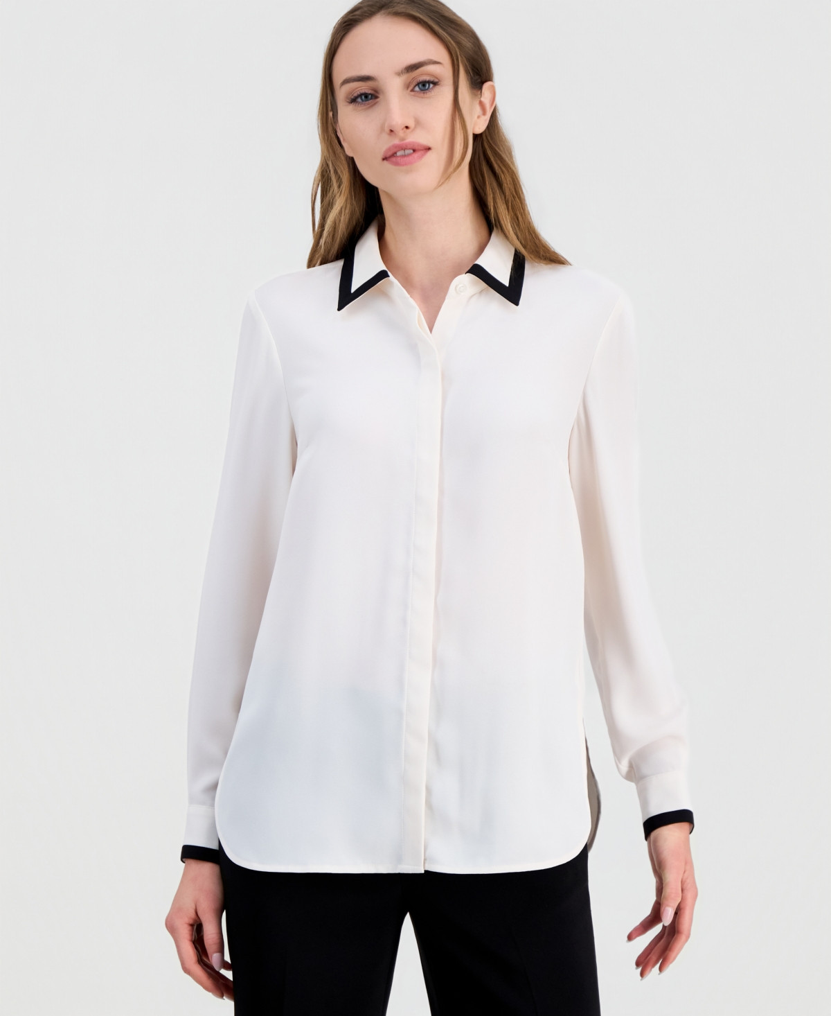 Anne Klein Women's Contrast-Trim Button-Front Blouse - White | Macy's