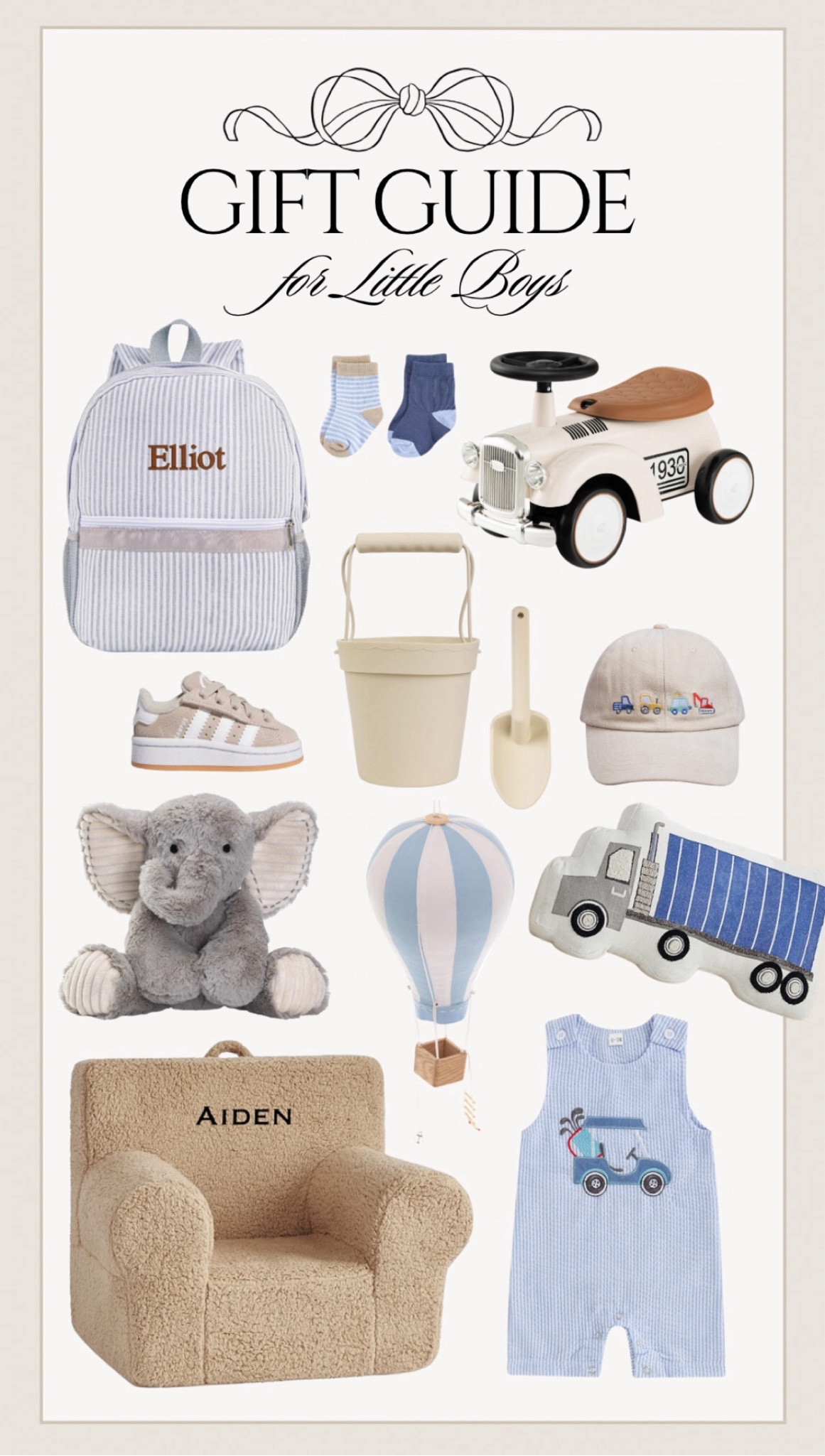 Gift guide for little boys! Truck, pillow, Sambas, car, toys, blue, hot air balloon, chair, socks. Elephant, outfit, onesie

#LTKGiftGuide #LTKCyberWeek #LTKHoliday