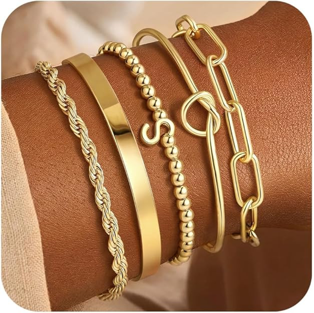 Turandoss Easter Gifts for Women Trendy, Dainty 5PCS 14K Gold Plated Initial A-Z Beaded Stretch L... | Amazon (US)