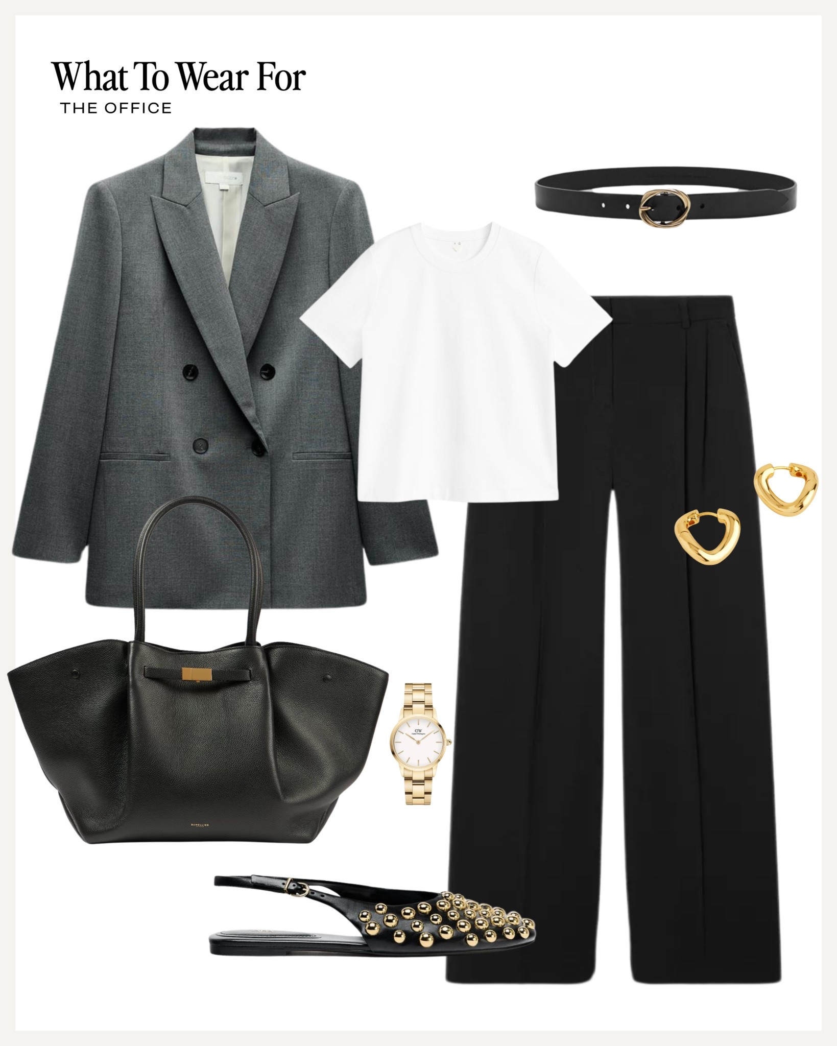 Spring office outfit 

Black trousers / grey blazer / ballet flats / demellier tote bag 

#LTKspring #LTKworkwear #LTKeurope