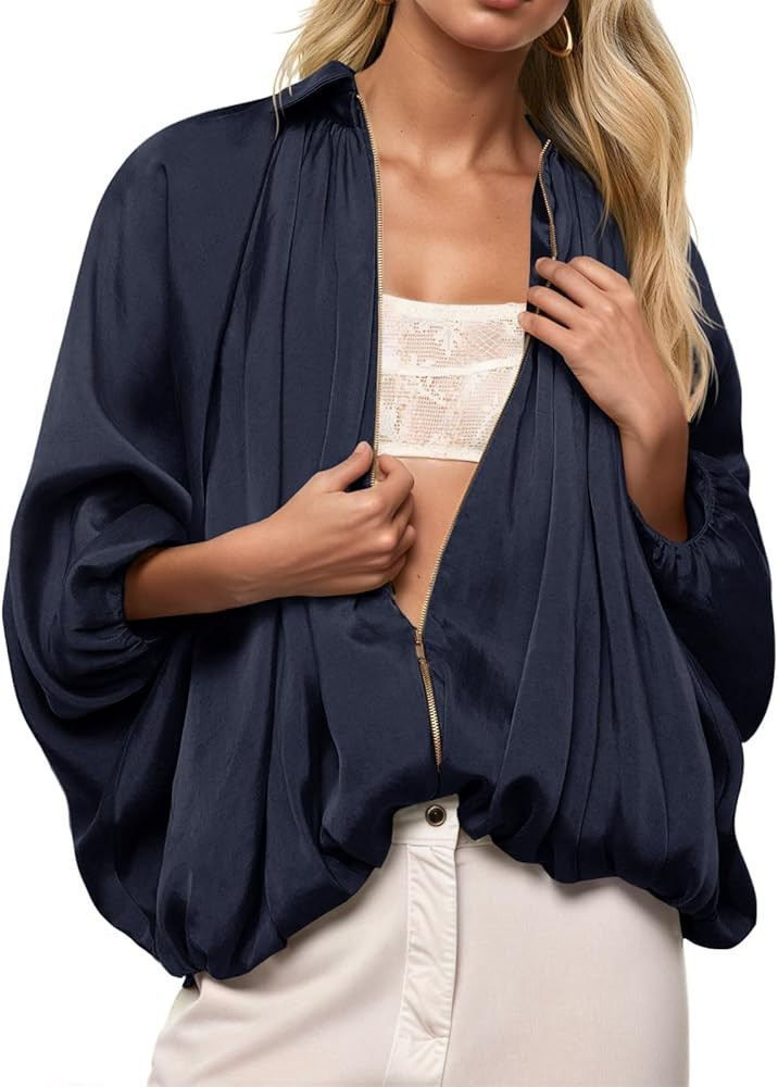 Tankaneo Womens Bomber Jackets Oversized Batwing Sleeve Zip Up Puffed Jacket Lapel Collar Pleated... | Amazon (US)