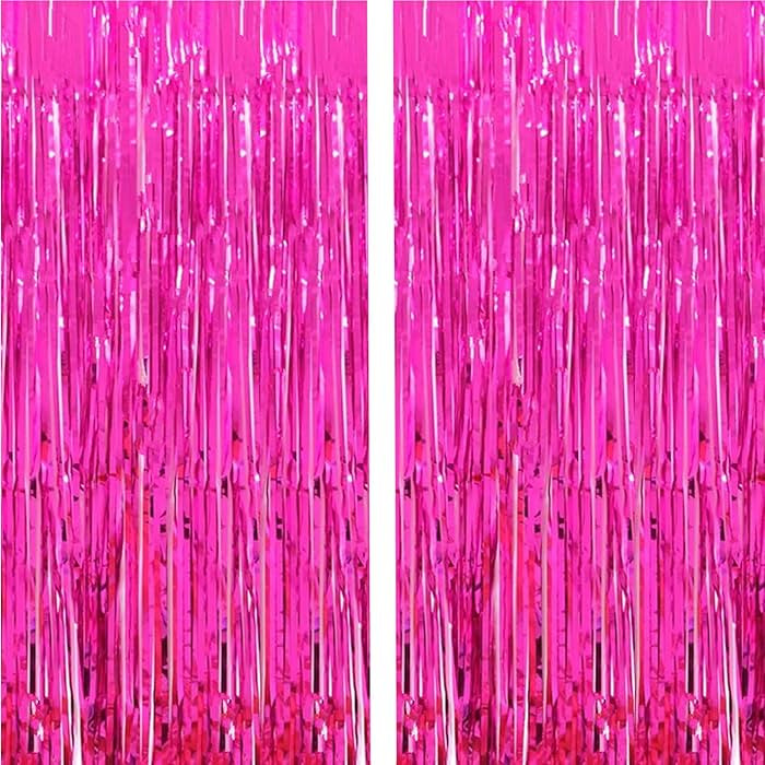 2 Pcs 3.2ft x 8.2ft Shiny Hot Pink Metallic Tinsel Foil Fringe Curtains Photo Booth Backdrop for ... | Amazon (US)