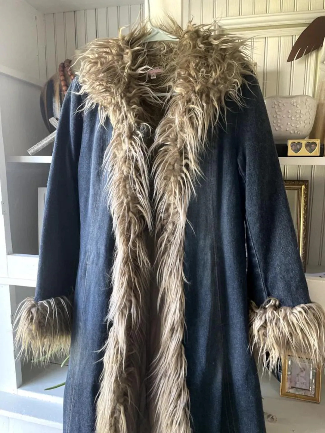 Penny Lane Denim Trench Coat: 70s Boho Faux Shearling Duster - Etsy | Etsy (US)