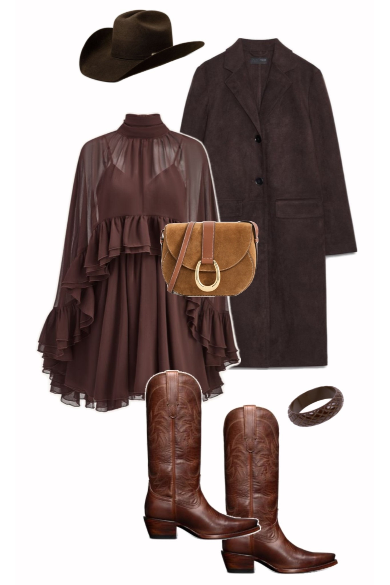 Suede crossbody styled with a brown western look! 

Cowboy boots, brown Tecovas, brown ruffle dress, suede bag, brown coat, elevated western

#LTKSaleAlert #LTKSeasonal