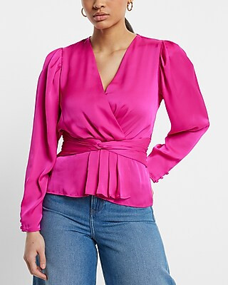 Satin V-Neck Twist Front Peplum Top | Express