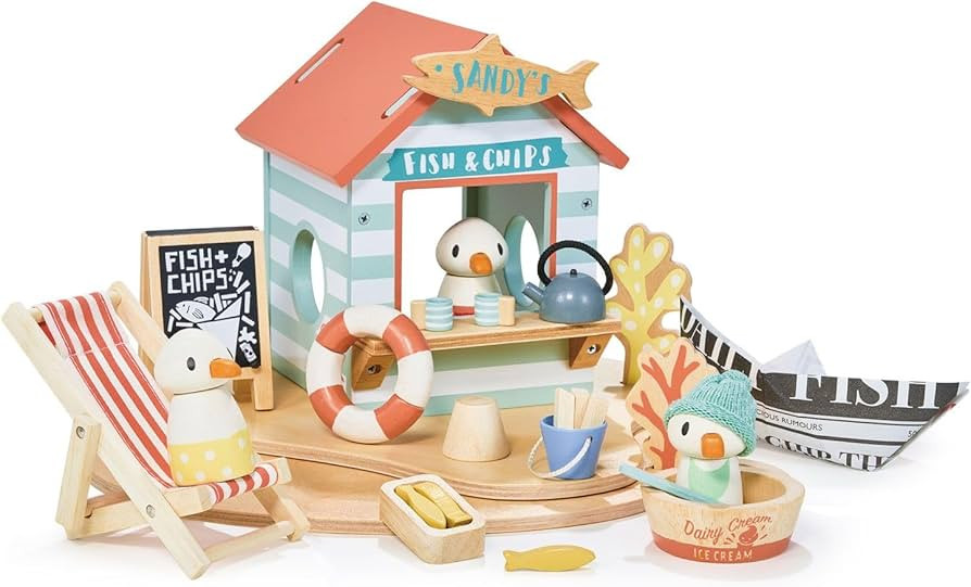 Tender Leaf Toys - Sandy’s Beach Hut - Wooden Toy Seagull Family with Fish and Chips Beach Hut ... | Amazon (US)