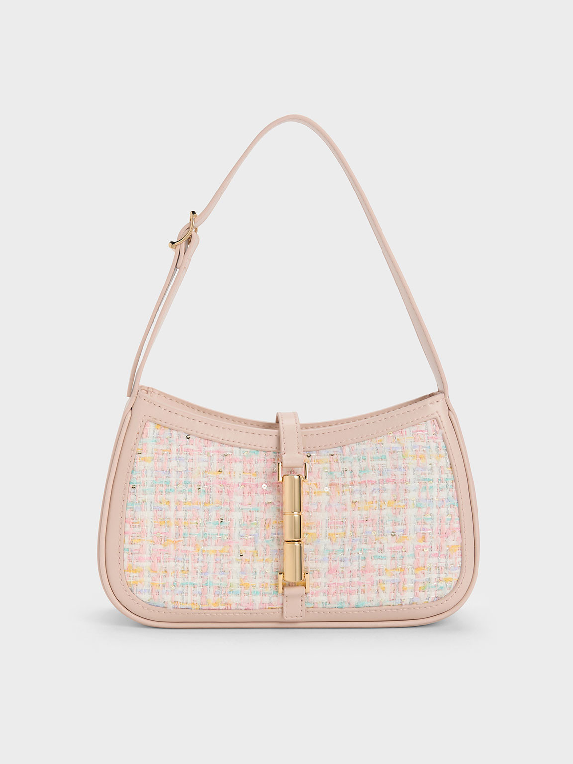 Cesia Metallic Accent Tweed Shoulder Bag
 - Pink | Charles & Keith UK