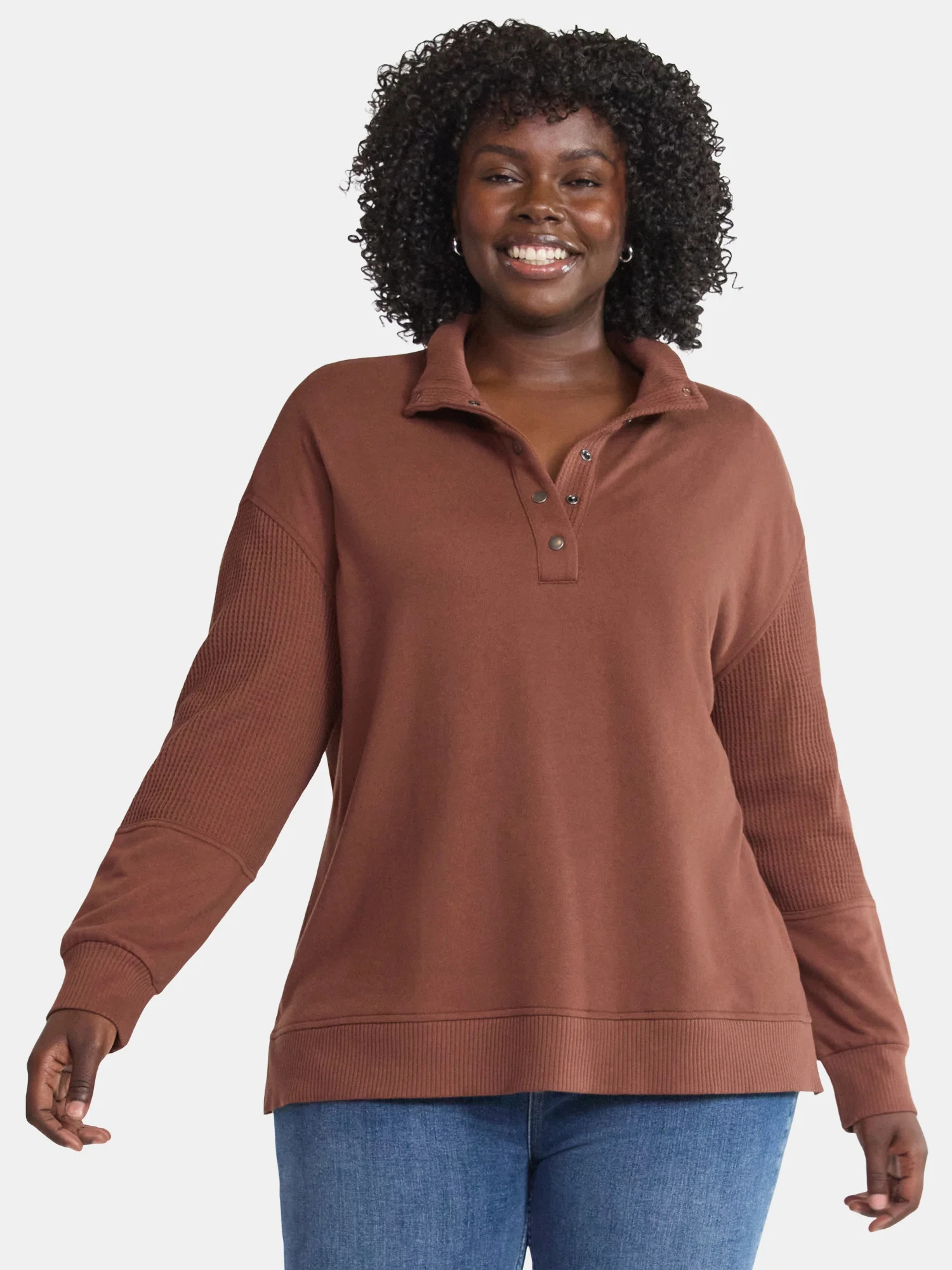 Terra & Sky Women’s Plus Mixed Media Snap Front, Sizes 0X-5X | Walmart (US)
