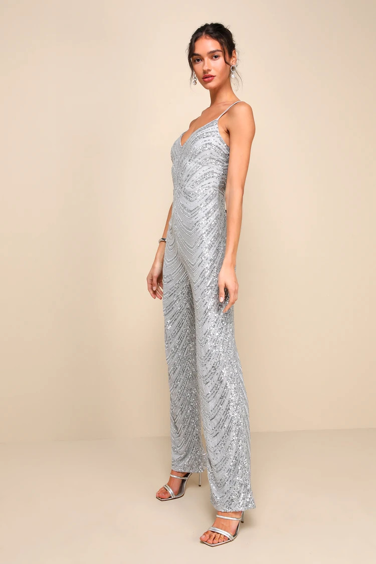 Outstanding Glow Silver Sequin Sleeveless Straight Leg Jumpsuit | Lulus (US)