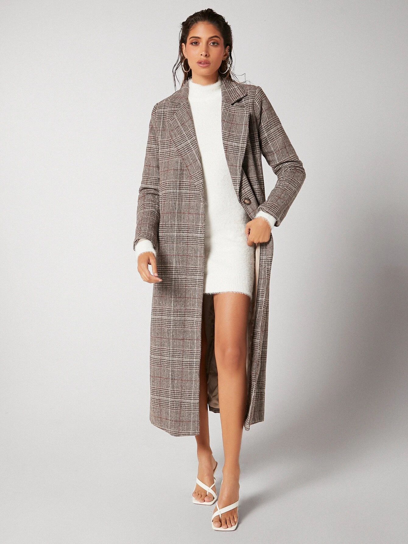 SHEIN BIZwear Plaid Single Button Longline Coat Workwear | SHEIN